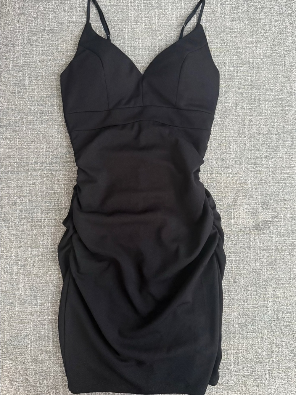 Emerald Sundae Black Ruched Spaghetti-Strap Mini Dress